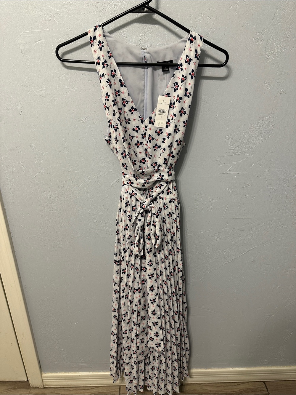 Ann Taylor Light Blue Floral V-Neck Pleated Maxi Dress with Navy and Pink Accent